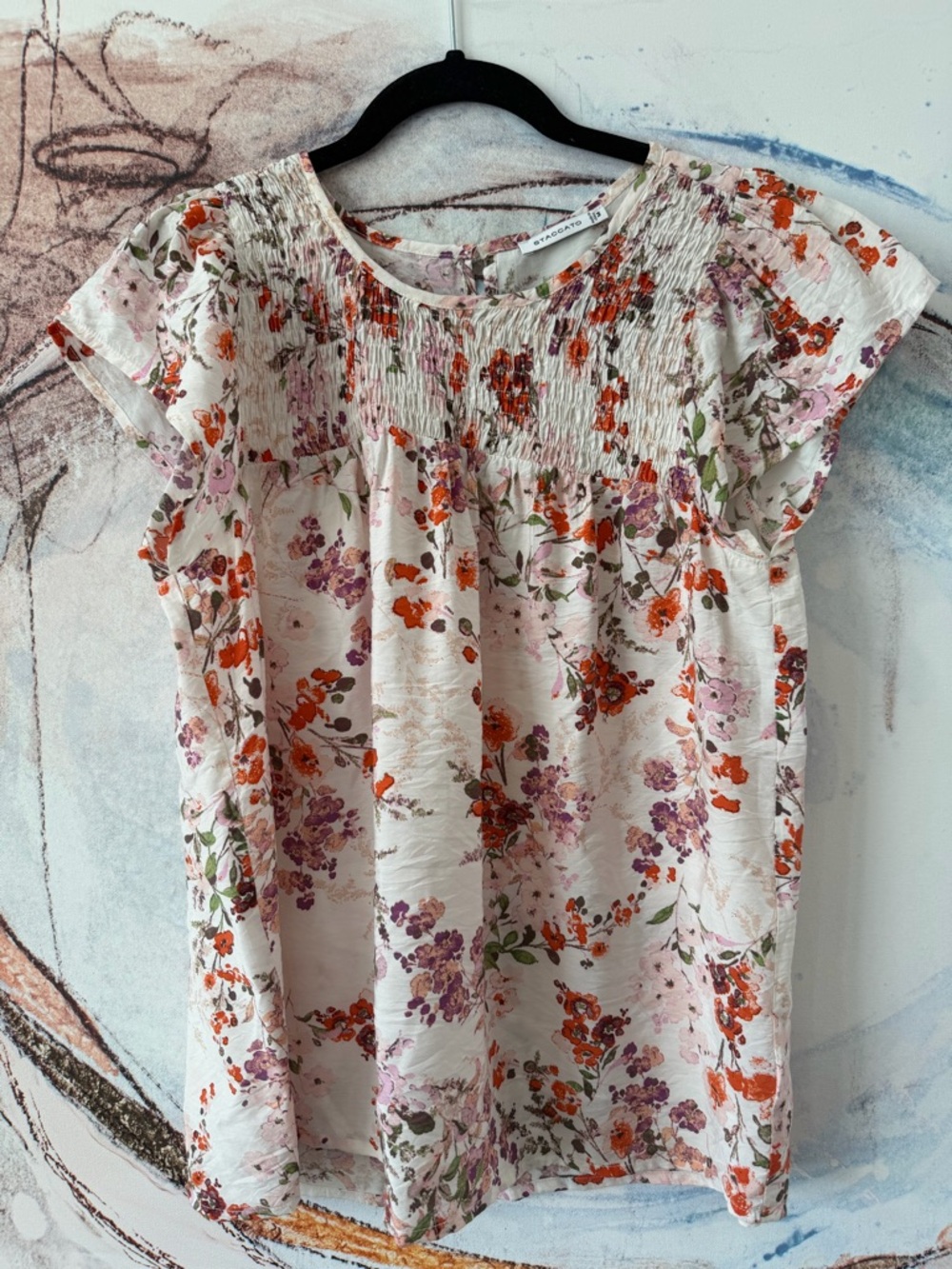Staccato White Floral Smocked Blouse with Orange,Purple, pink Accents feminine